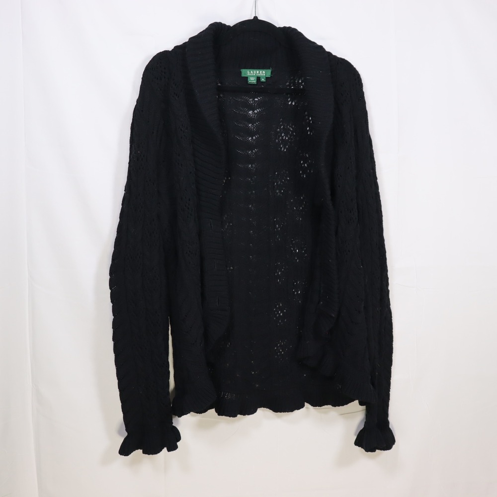 Lauren Ralph Lauren Cardigan XL Black Women Dark Academia Pointelle
